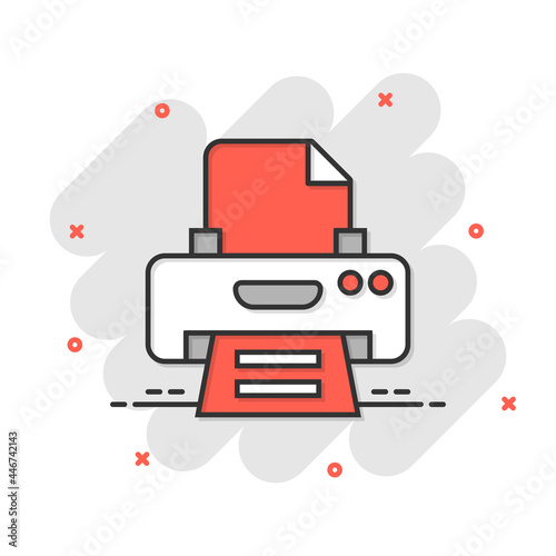 Office printer icon in comic style. Fax cartoon vector illustration on white isolated background. Text printout splash effect business concept.