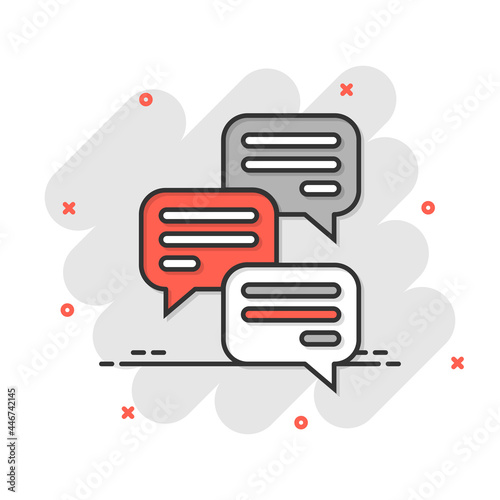 Speak chat sign icon in comic style. Speech bubbles cartoon vector illustration on white isolated background. Team discussion button splash effect business concept.