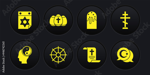 Set Yin Yang, Christian cross, Dharma wheel, Decree, paper, parchment, scroll, Easter cake, egg, Star and crescent and Jewish calendar icon. Vector