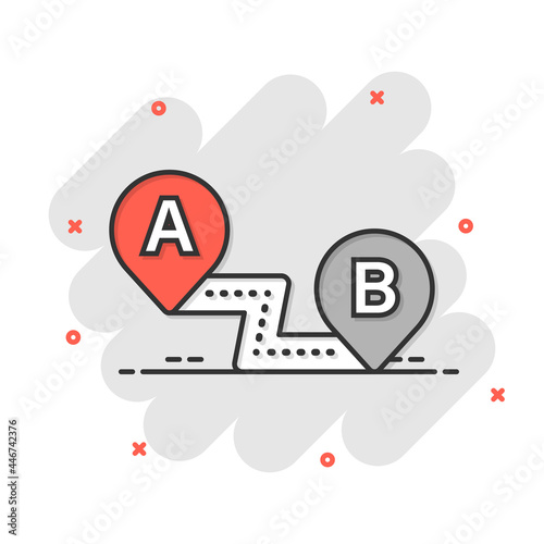 Map pin icon in comic style. Gps navigation cartoon vector illustration on white isolated background. Locate position splash effect business concept.