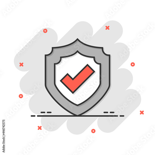 Shield with check mark icon in comic style. Protect cartoon vector illustration on white isolated background. Checkmark guard splash effect business concept.