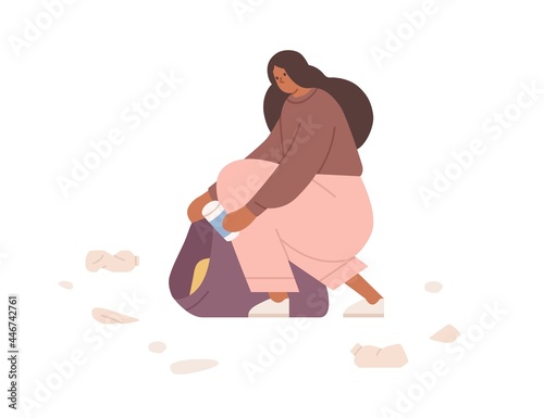 Female volunteer collecting litter into trash bag. Activist picking up garbage. Eco voluntary activity of cleaning environment. Colored flat vector illustration isolated on white background