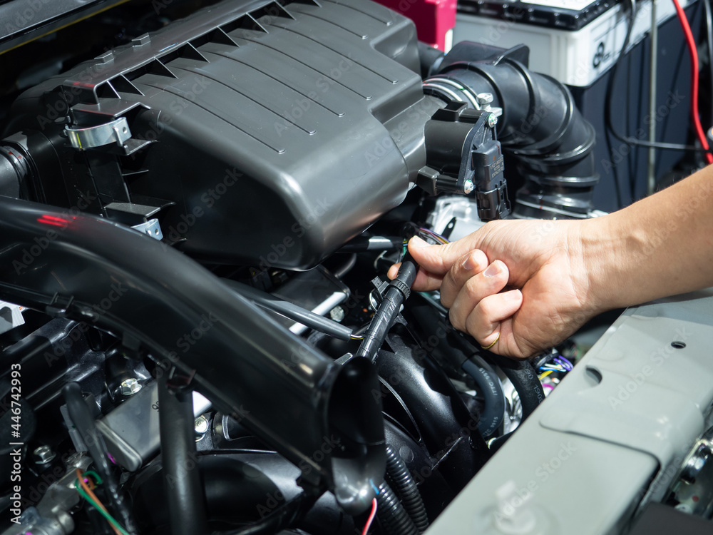 Hand touch and cheking engine interioir new car shuny and clear Hand touch and cheking engine interioir new car shuny and clear