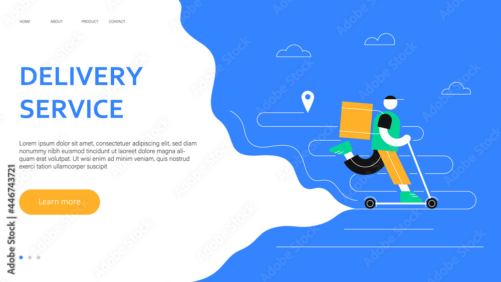 Delivery service web concept. Online delivery of food. Delivery man drives scooter. Banner template with flat line characters design. Vector illustration. Delivery service web concept. Online delivery of food. Delivery man drives scooter. Banner template with flat line characters design. Vector illustration.