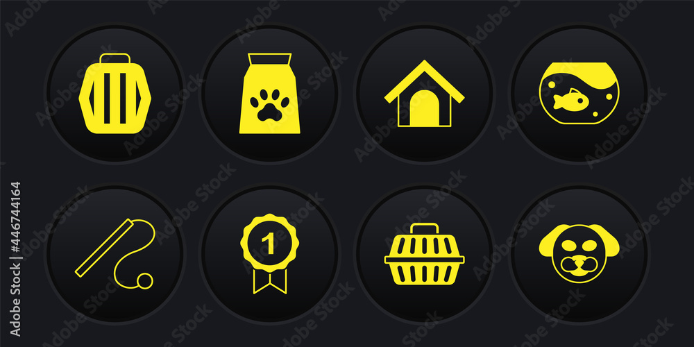 Set Pet cat toy, Aquarium with fish, Dog award symbol, carry case, house, Bag of food for pet, and icon. Vector Set Pet cat toy, Aquarium with fish, Dog award symbol, carry case, house, Bag of food for pet, and icon. Vector