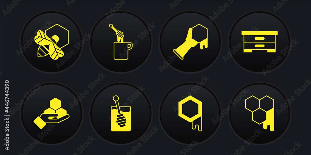 Set Honeycomb and hand, Hive for bees, dipper stick, with honey, and Bee honeycomb icon. Vector Set Honeycomb and hand, Hive for bees, dipper stick, with honey, and Bee honeycomb icon. Vector