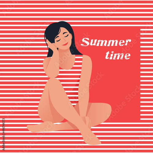 young beautiful woman sitting in red swimsuit. Summer time, Love yourself, your body, to be yourself, menstruation days, women's health care concepts