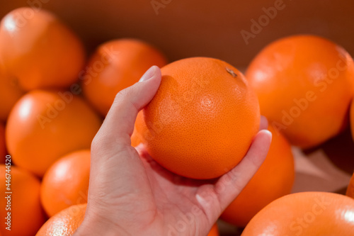 Fresh citrus oranges in a box. An orange is in one hand.