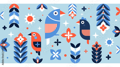 Geometric Birds and Flowers on Blue Background. Nature Graphic  Vector illustration