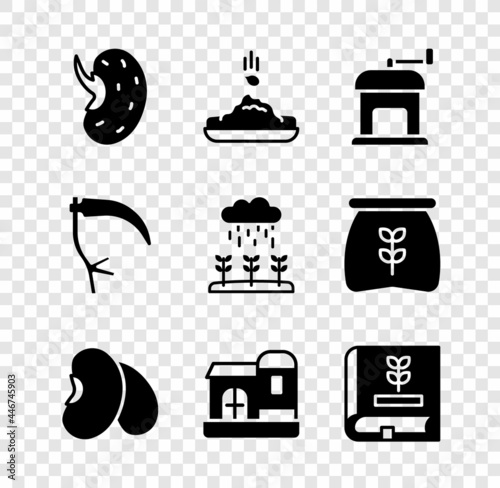 Set Seed, Manual coffee grinder, Beans, Farm house, Book about seeds, Scythe and Plant sprouts grow rain icon. Vector