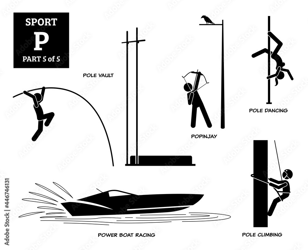 Sport games alphabet P vector icons pictogram. Pole vault, popinjay, pole dancing, power boat racing, and pole climbing. - obrazy, fototapety, plakaty 