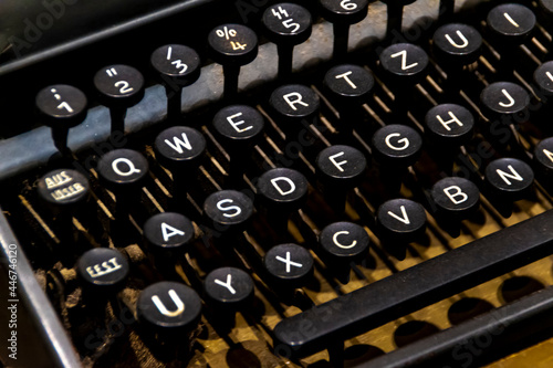 An old fashioned QWERTZ typewriter is on display at the Caen War Museum in Normandy, France.