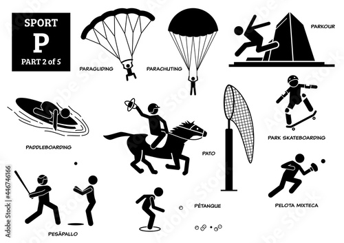 Sport games alphabet P vector icons pictogram. Paragliding, parachuting, parkour, paddleboarding, pato, park skateboarding, pesapallo, petanque, and pelota mixteca.