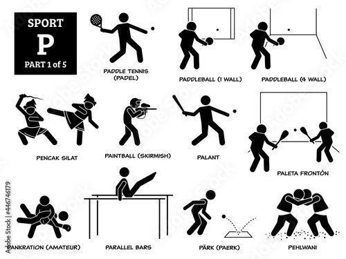 Sport games alphabet P vector icons pictogram. Paddle tennis, padel, paddleball, pencak silat, paintball skirmish, palant, paleta fronton, pankration amateur, parallel bars, park paerk, and pehlwani. photo