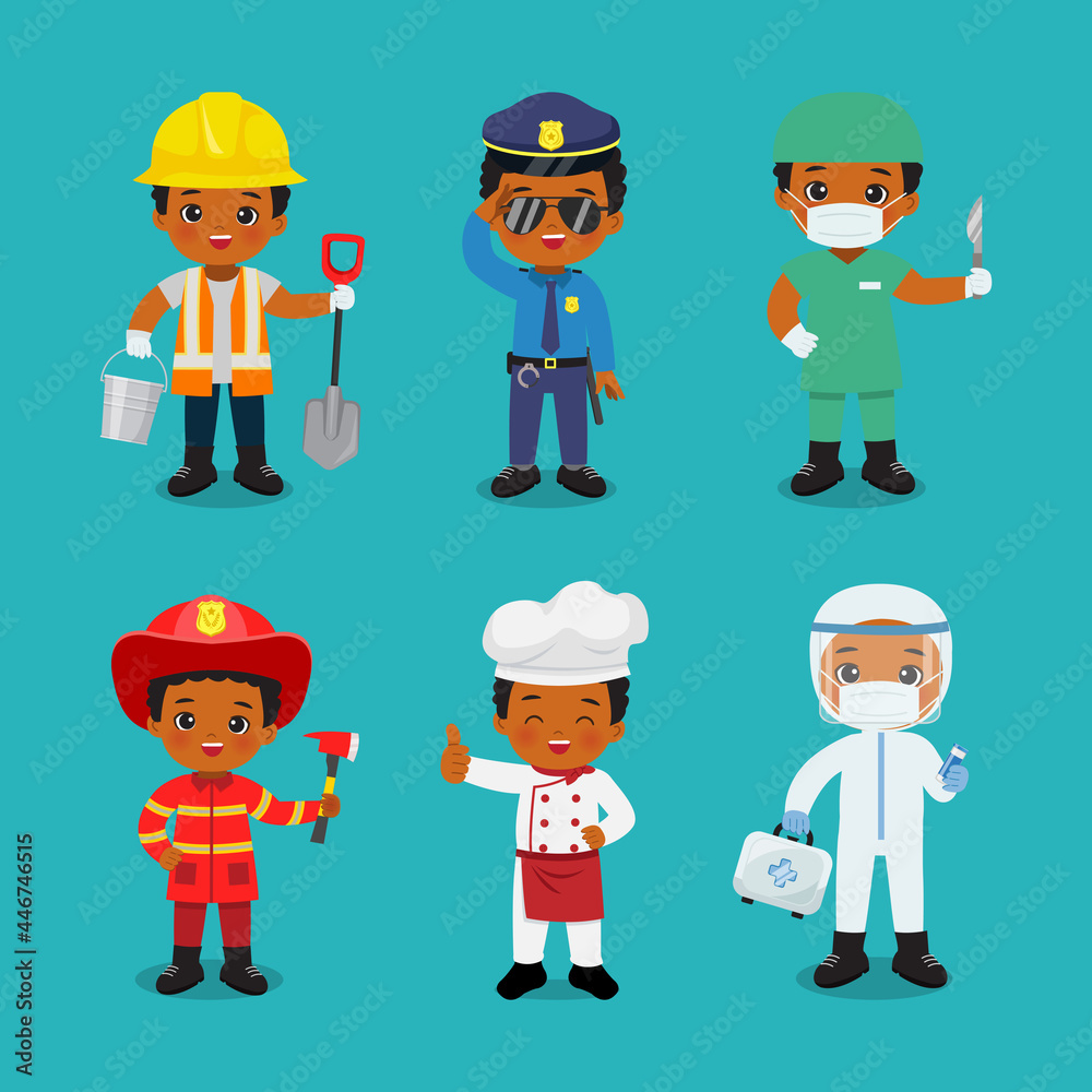 Collection of cute boy in different profession. Labor day clip art. Flat vector cartoon design