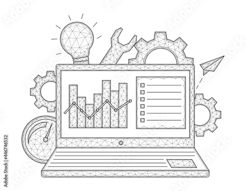 SEO, search engine optimization low poly design. Polygonal vector illustration of a laptop and data graphic, as well as a light bulb, speedometer and gears and a wrench.