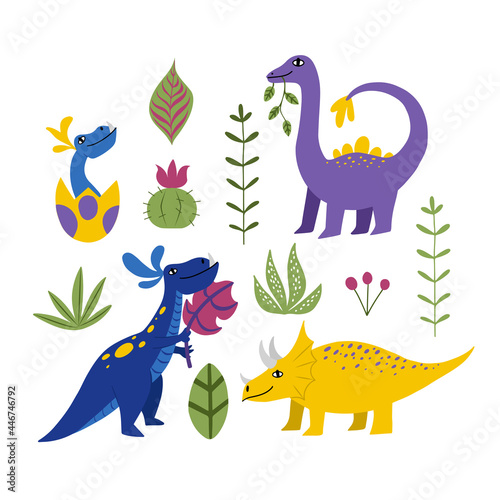 Set of cute vector dinosaur icons in flat doodle style