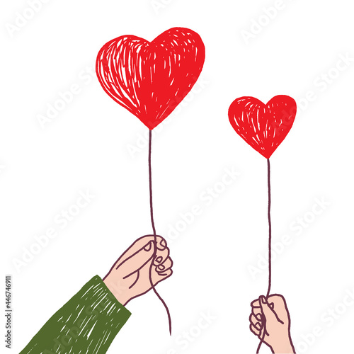 Two hands - adult's and child's - holding two heart balloons. Cartoon vector illustration.