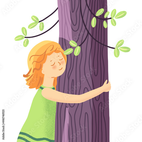 Cute young girl hugging a tree. Love nature, save Earth concept. Eco-friendly card or banner design. Cartoon vector illustration, isolated.