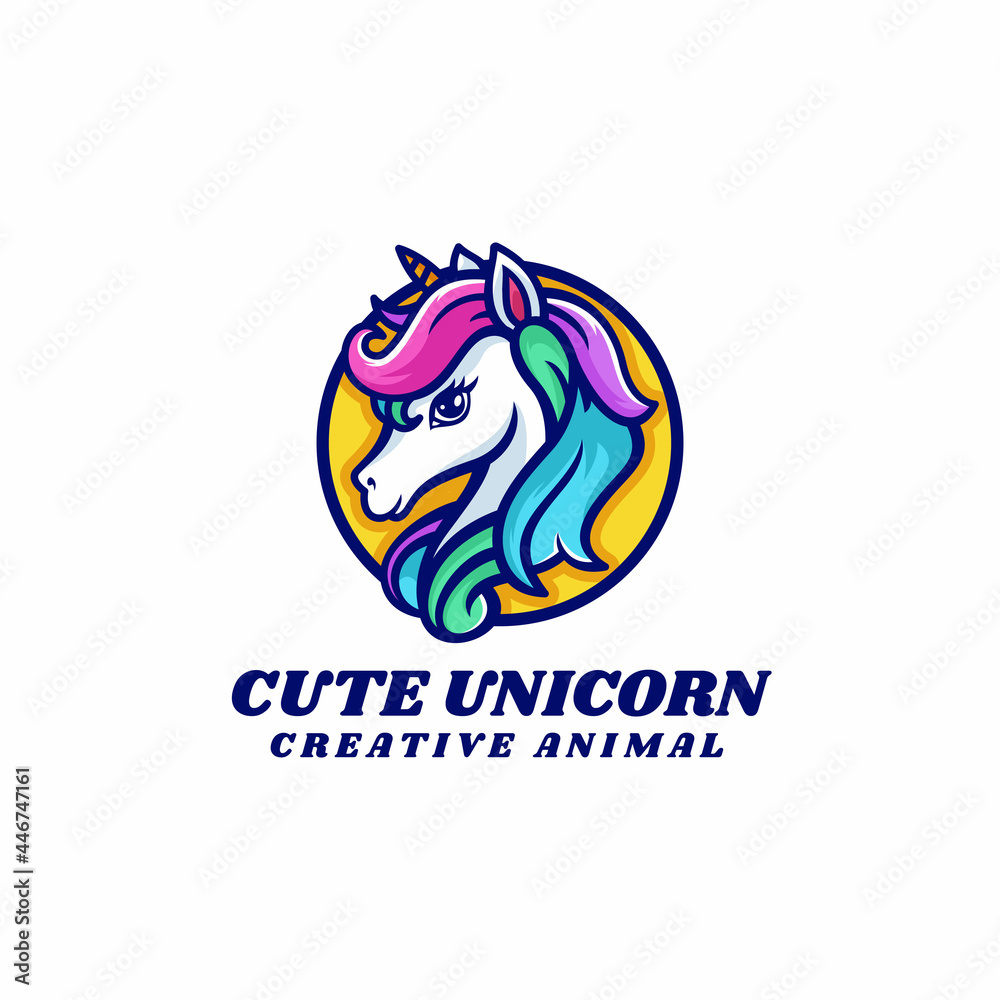Vector Logo Illustration Cute Unicorn Simple Mascot Style.