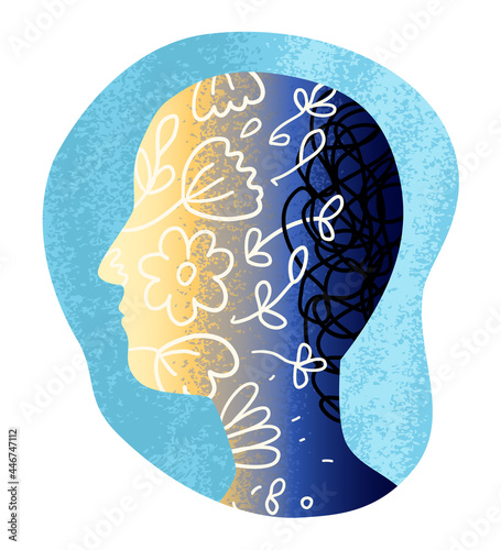 Mental healing concept, recovery from illness, curing. Beautiful mind, meditation, calmness, vector illustration.