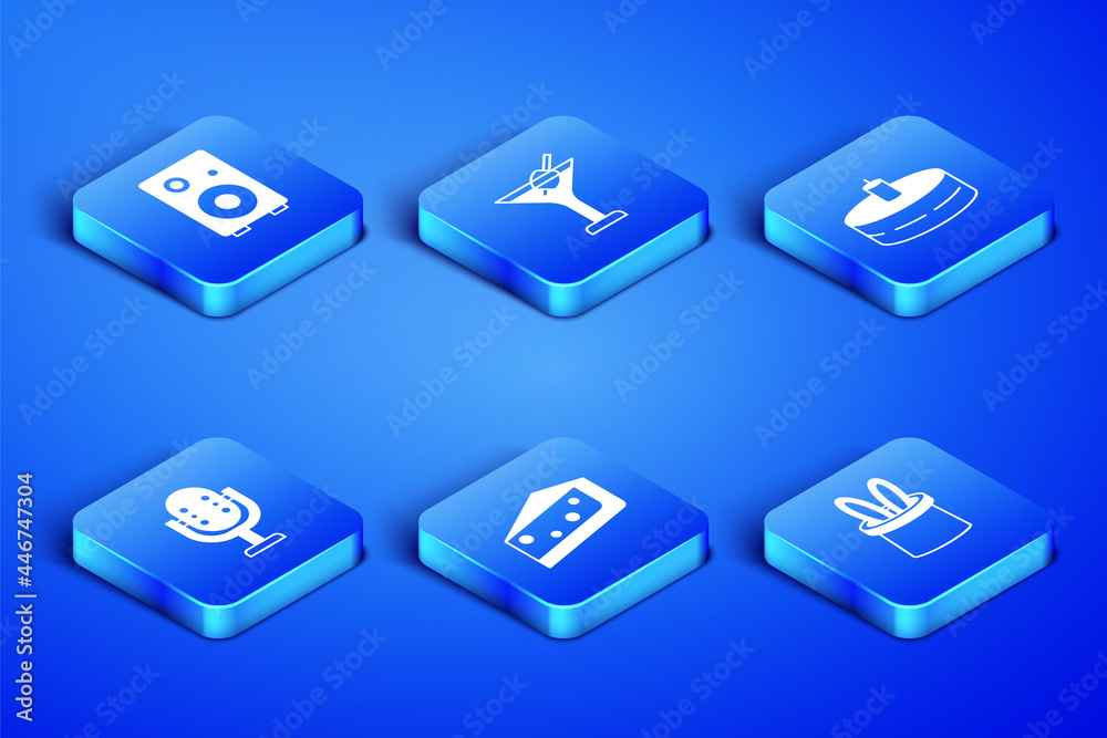 Set Magician hat and rabbit ears, Stereo speaker, Piece of cake, Microphone, Martini glass and Cake with burning candles icon. Vector Set Magician hat and rabbit ears, Stereo speaker, Piece of cake, Microphone, Martini glass and Cake with burning candles icon. Vector
