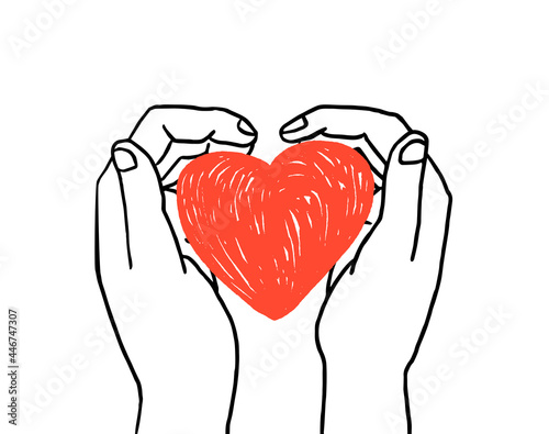 Hands embracing a heart. Compassion concept. Hand drawn vector illustration isolated.