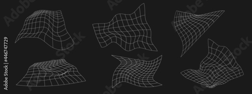 Set of retrofuturistic perspective liquid distorted grids. Cyber design elements. Collection of grids in cyberpunk 80s style. Geometry for poster, cover, merch in retrowave style. Vector