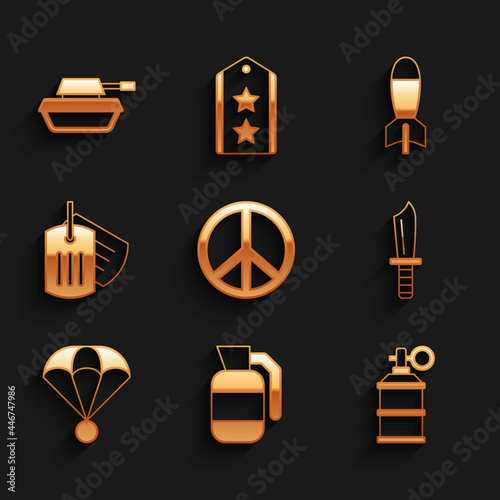 Set Peace, Hand grenade, smoke, Military knife, Parachute, dog tag, Rocket launcher and tank icon. Vector