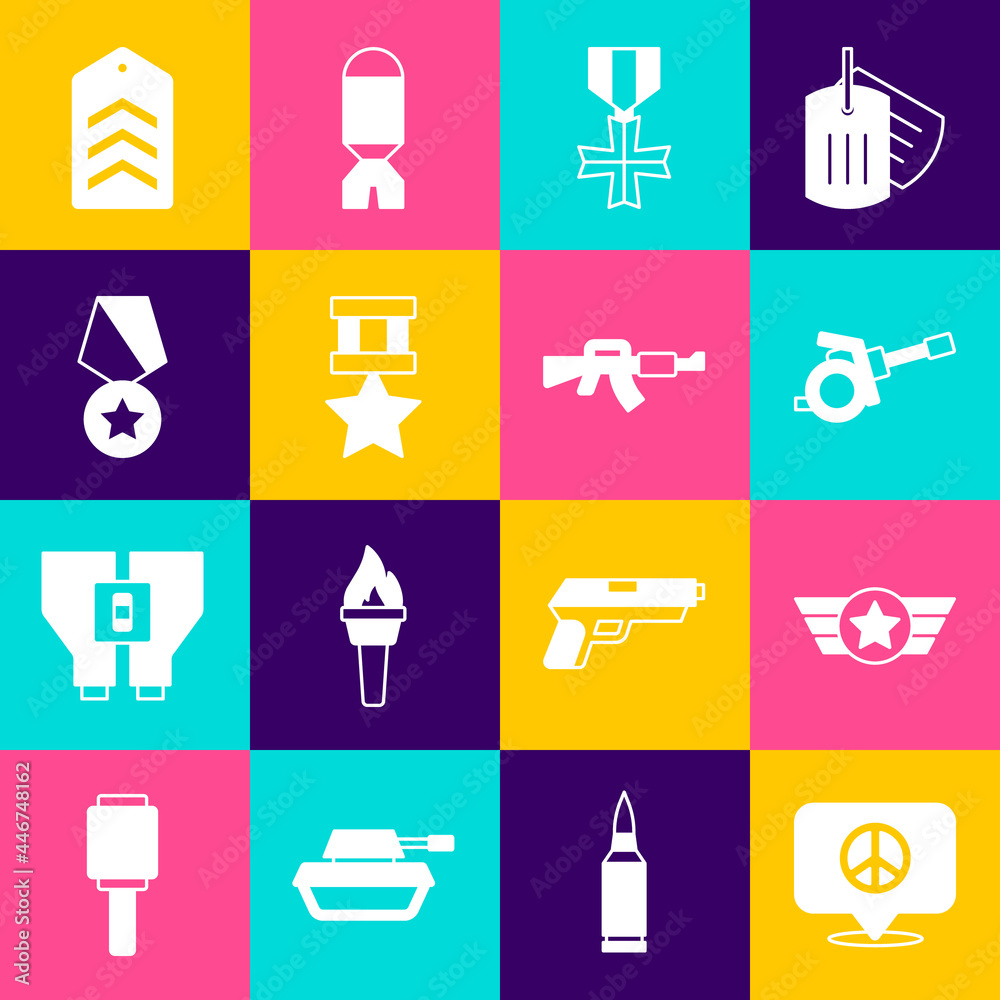 Set Location peace, Star American military, Howitzer, Military reward medal, Chevron and M16A1 rifle icon. Vector Set Location peace, Star American military, Howitzer, Military reward medal, Chevron and M16A1 rifle icon. Vector
