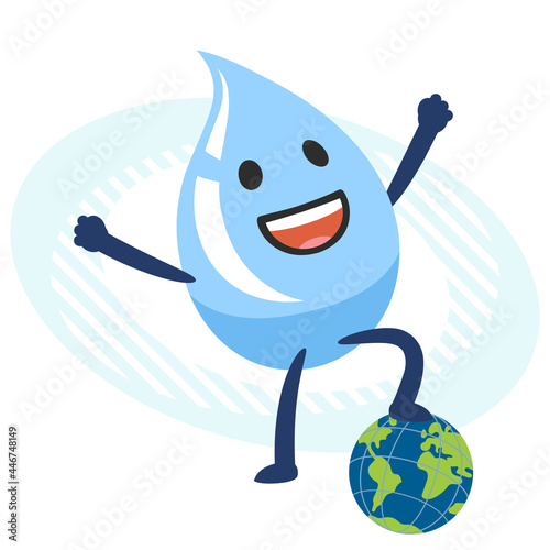 Cartoon Water Character keeping his foot above the planet