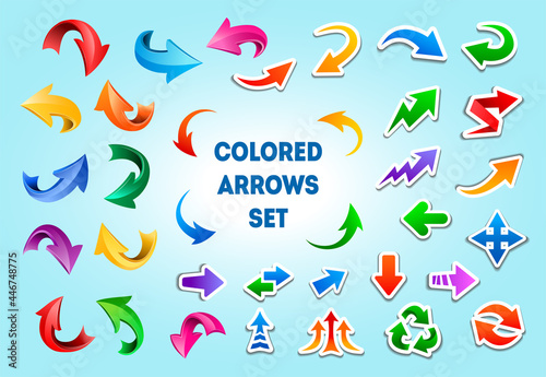 Cartoon arrow icons in different styles. Colorful direction pointers with white strokes, curved 3d glossy arrows, flat curved arrows. Big vector set of arrows isolated on blue background.