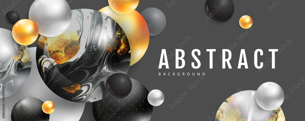 3D abstract black spheres and spheres with ink art inside on dark black ...