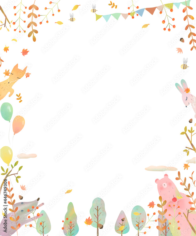 北欧風オシャレで楽しい秋の植物や森の動物たちの白バックフレームのイラスト Stock Illustration Adobe Stock