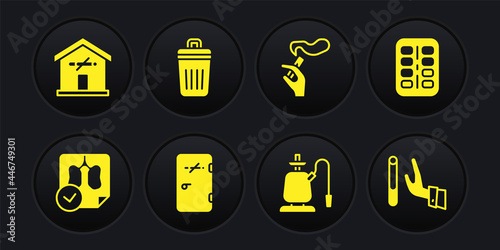 Set Lungs x-ray diagnostics, Nicotine gum in blister pack, No smoking area, Hookah, Hand with cigarette, Trash can, Giving up and at home icon. Vector