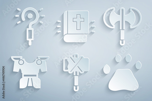 Set Medieval axe, poleaxe, Body armor, Bear paw footprint, Holy bible book and Magic wand icon. Vector