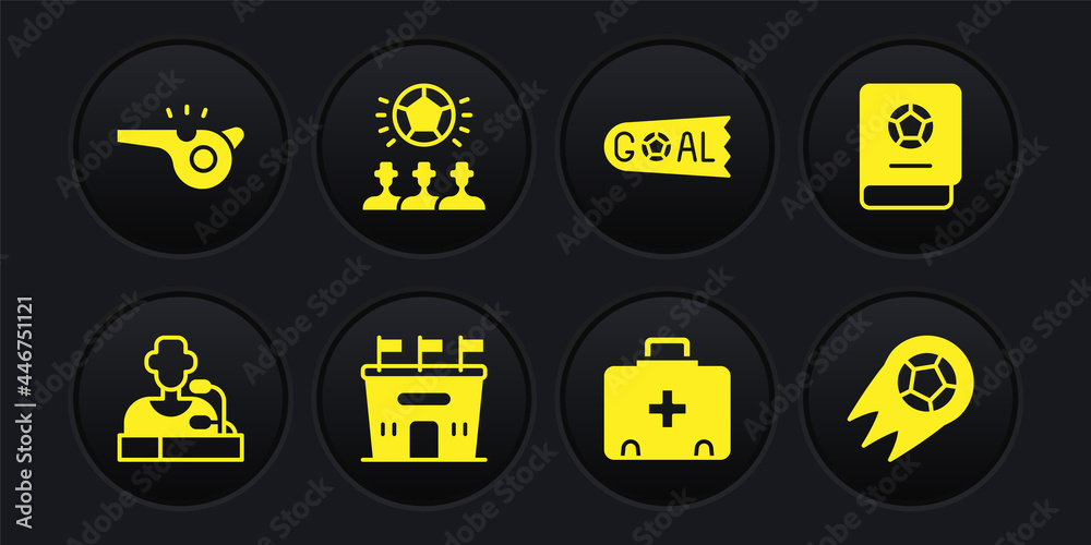 Set Football player press conference, learning book, stadium, First aid kit, Goal soccer football, Soccer, and Whistle icon. Vector Set Football player press conference, learning book, stadium, First aid kit, Goal soccer football, Soccer, and Whistle icon. Vector