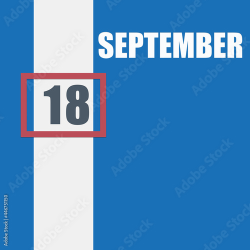 september 18. 18th day of month, calendar date.Blue background with white stripe and red number slider. Concept of day of year, time planner, autumn month. photo