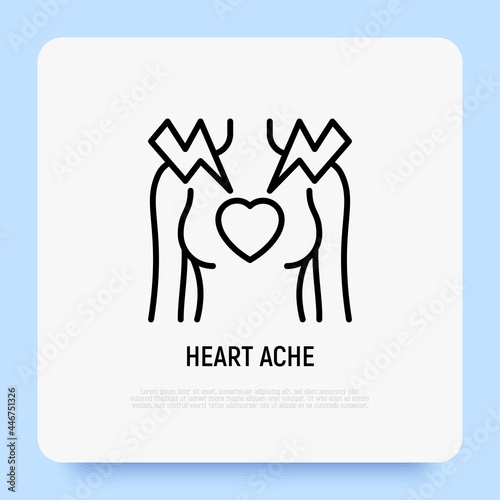 Heart ache thin line icon. Heart attack. Infarction, diseased heart, stress, arrhythmia. Woman body. Vector illustration.