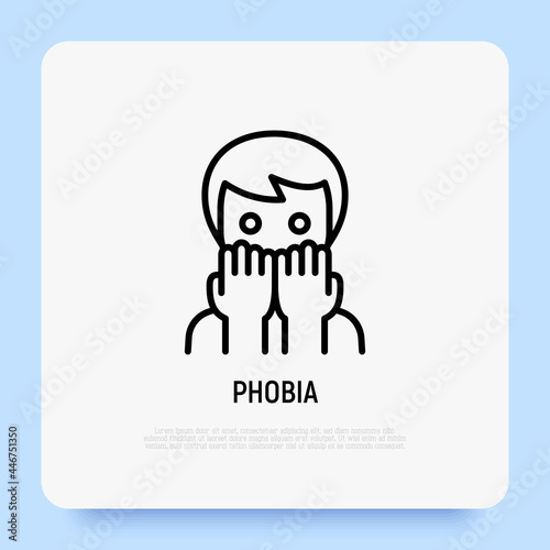 Phobia, anxiety, panic attack thin line icon: scared man. Mental disorder. Vector illustration.