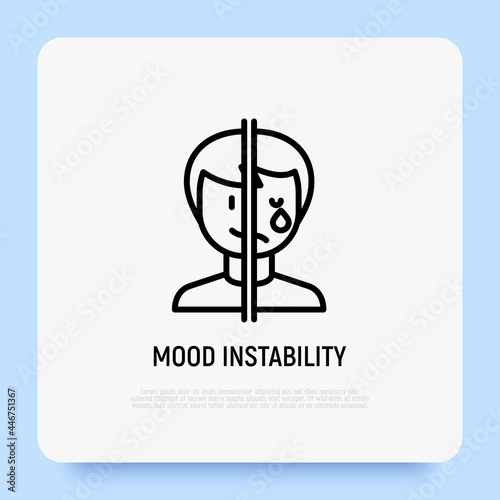 Bipolar disorder, mood instability thin line icon. Mental illness. One half of face is happy, other is crying. Vector illustration.