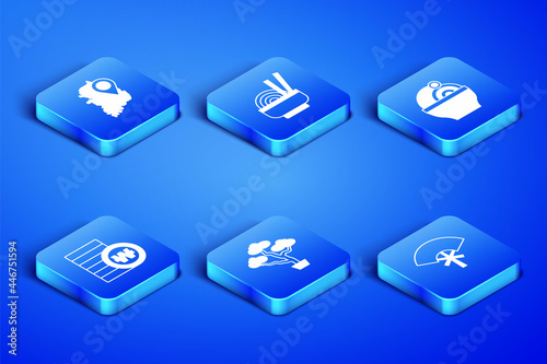Set Traditional fan, South Korea map, Bonsai tree, Korean won coin, Asian noodles bowl and Ramen icon. Vector