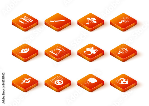 Set Korean lantern, South won coin, Kimchi, gate, hand fan, Kimono, Lock with heart and icon. Vector