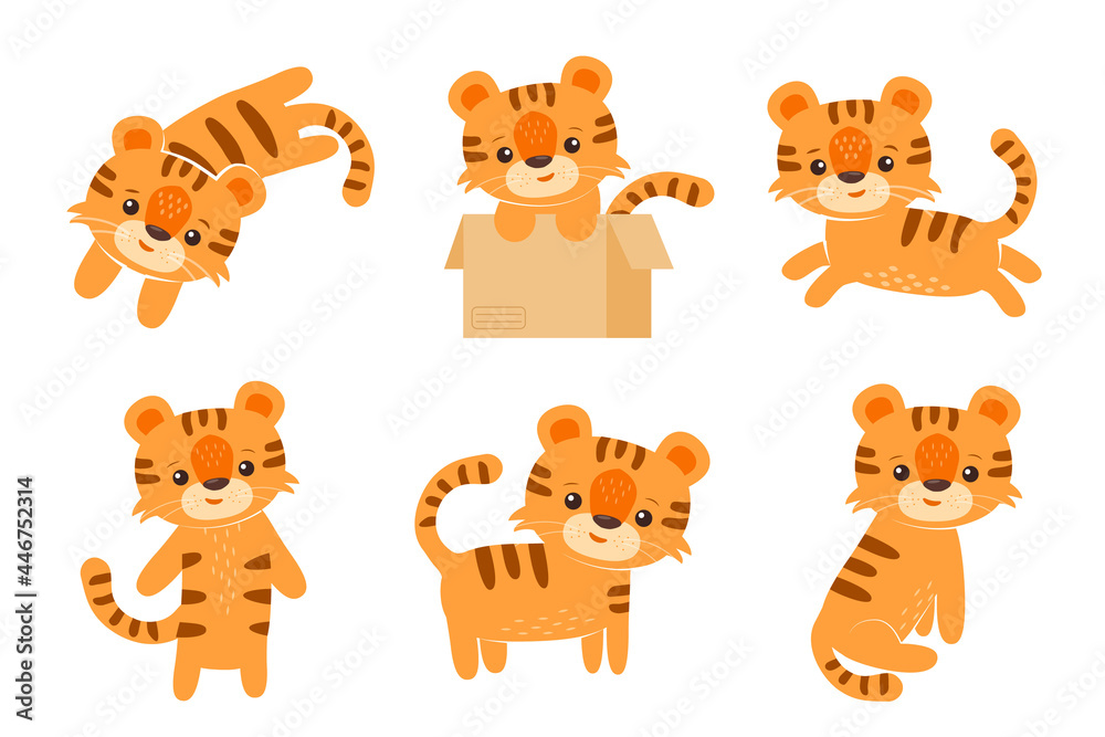 Set of little tigers in different poses. Can be used for stickers, cards, posters, printing for children's T-shirts. Flat vector illustration isolated on white. Cartoon animal character collection. Set of little tigers in different poses. Can be used for stickers, cards, posters, printing for children's T-shirts. Flat vector illustration isolated on white. Cartoon animal character collection.