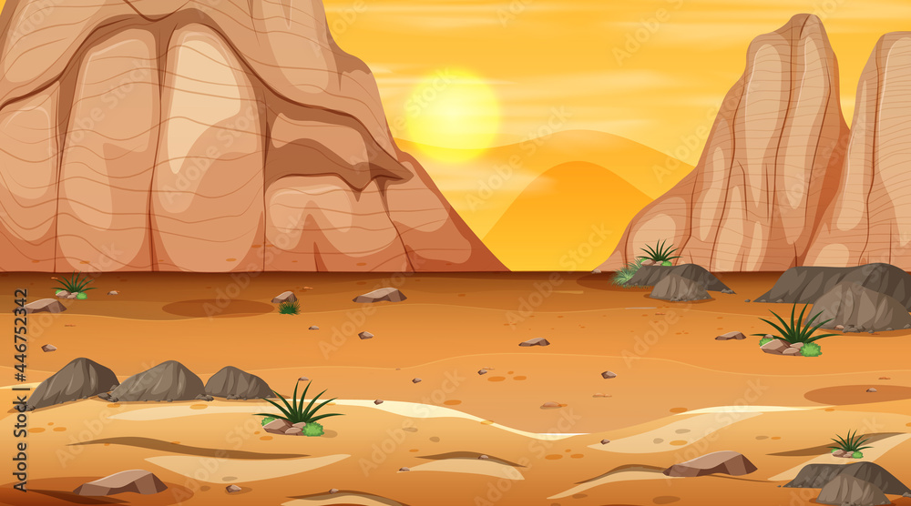 Empty desert forest landscape at sunset time scene