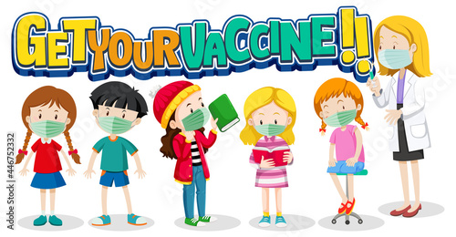 Get Your Vaccine font with many kids waiting in queue to get covid-19 vaccine