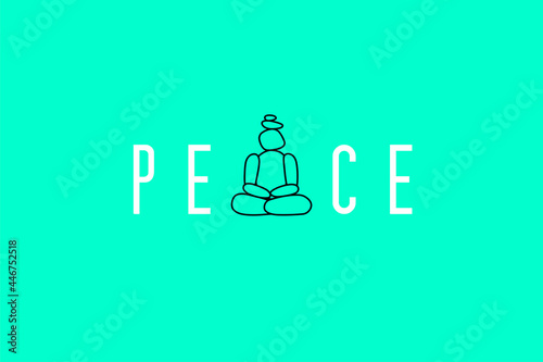Peace. The word is easier to read when the letter A is removed and replaced with a Zen-style stone that looks like a meditating person. Design for cover, print on T-shirt. Vector, illustration.