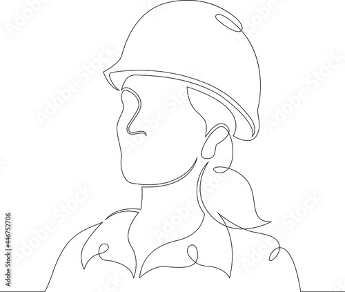 One continuous line
Female character professional builder in hard hat uniform.
One continuous drawing line logo isolated minimal illustration.