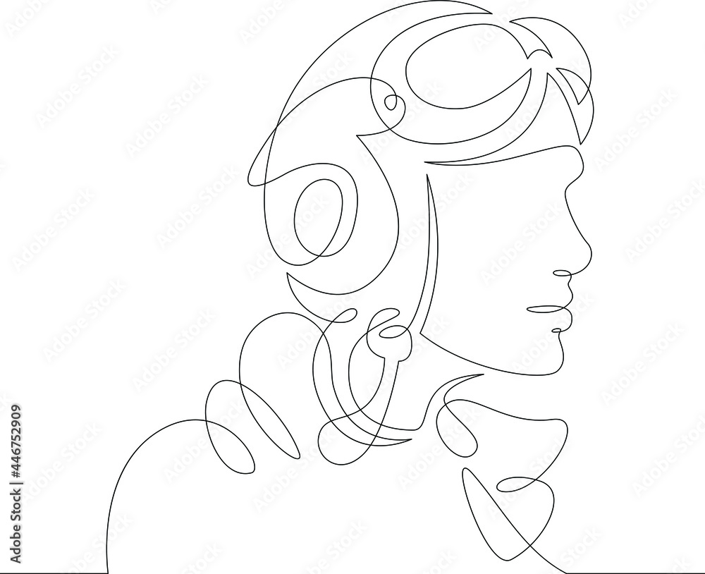 One continuous line
Female character professional aviator pilot in a retro helmet with goggles.
One continuous drawing line logo isolated minimal illustration.