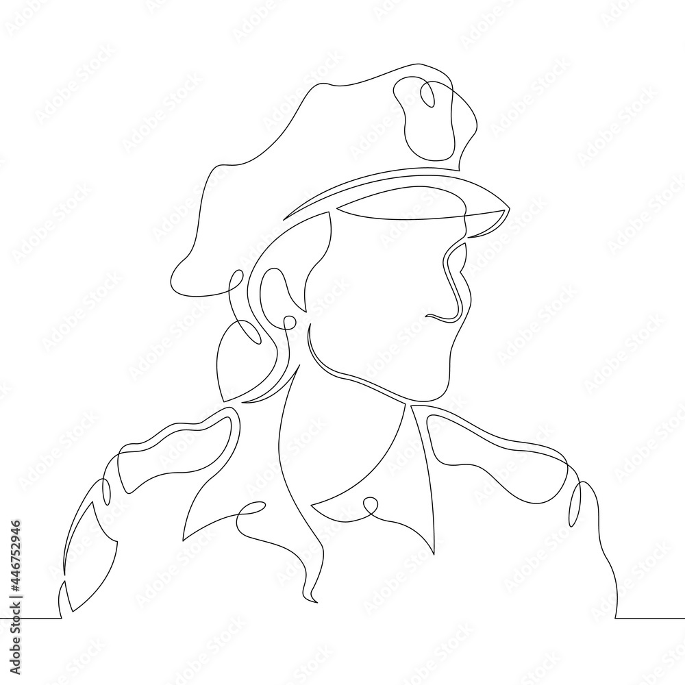 One continuous line
Female character professional police officer in a uniform cap.
One continuous drawing line logo isolated minimal illustration.